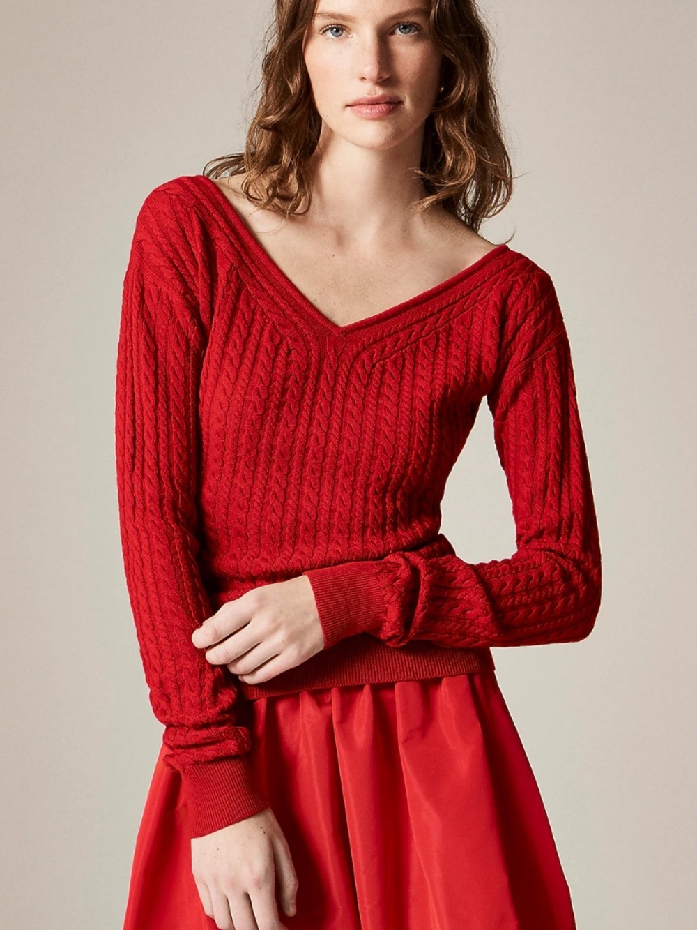 J. Crew Red Cable-Knit Wide V-Neck Sweater in Merino Wool